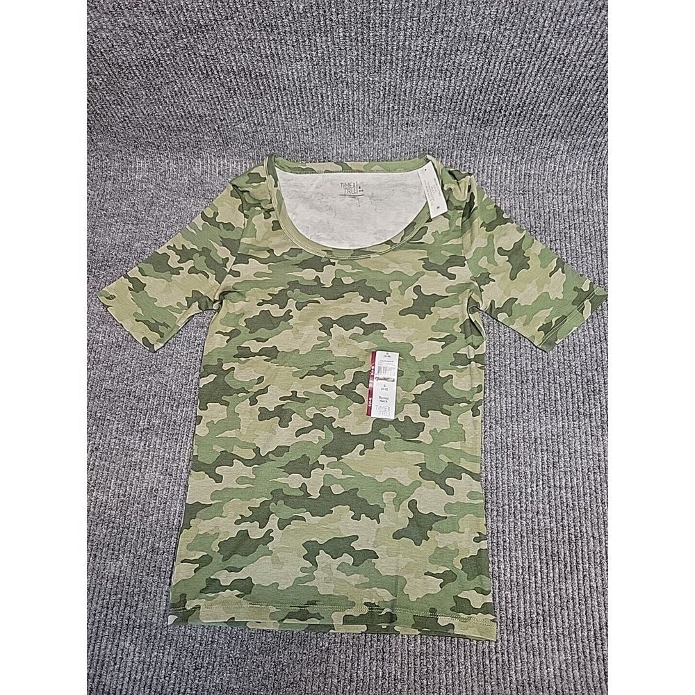 Time and Tru Womens Green Camouflage Scoop Neck Short Sleeve T-Shirt Size S 4-6